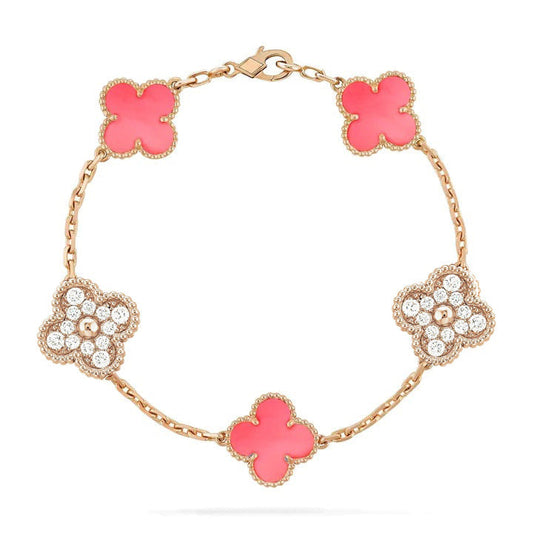 Pomuse CLOVER 5 MOTIF DIAMOND PINK MOP PINK GOLD BRACELET