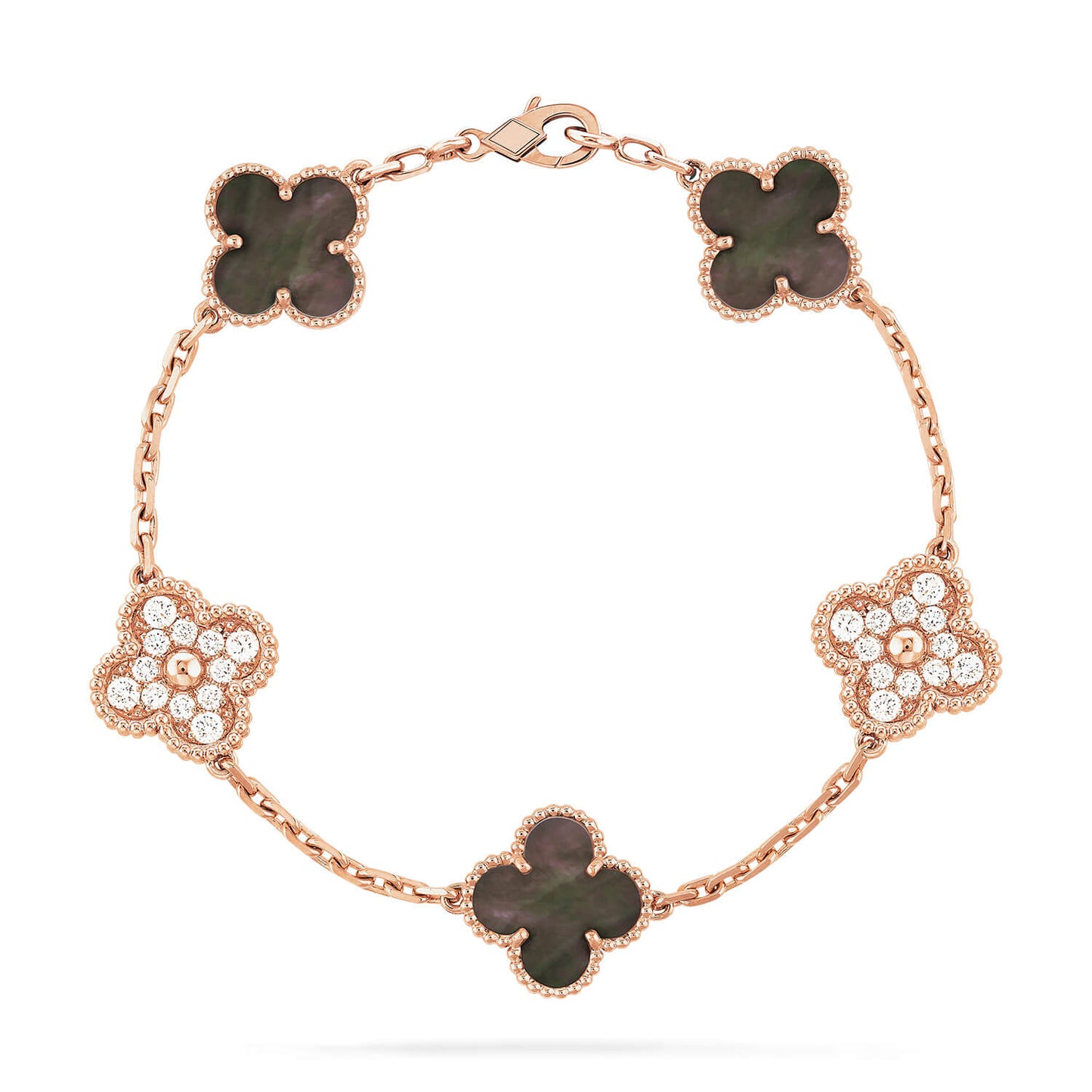 Pomuse CLOVER 5 MOTIFS DARK MOP AND DIAMONDS PINK GOLD BRACELET