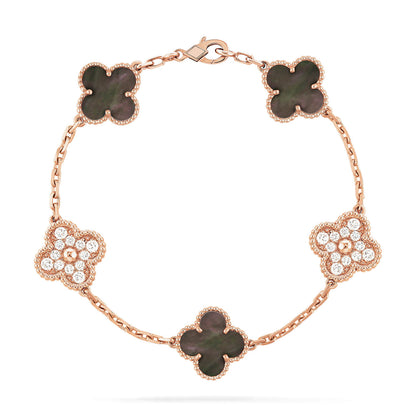 Pomuse CLOVER 5 MOTIFS DARK MOP AND DIAMONDS PINK GOLD BRACELET