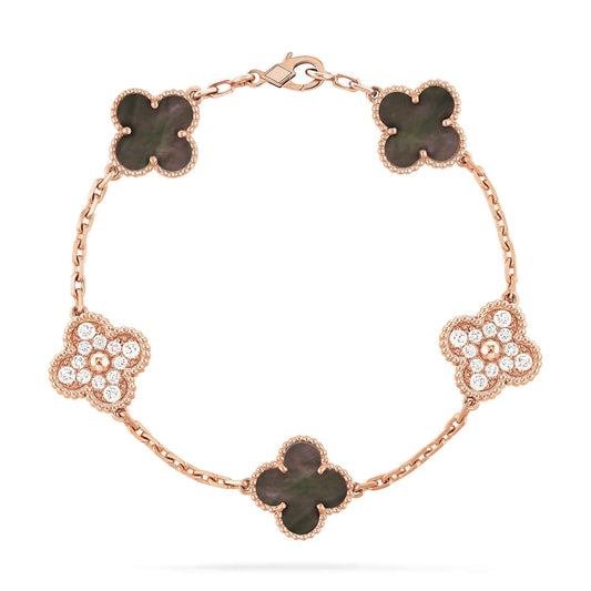 Pomuse CLOVER 5 MOTIFS DARK MOP AND DIAMONDS PINK GOLD BRACELET
