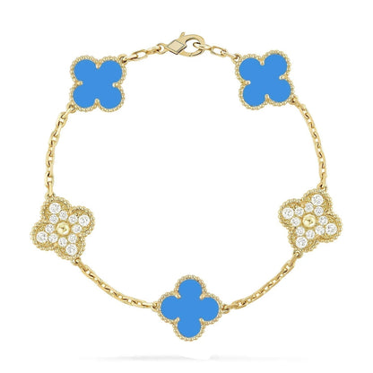 Pomuse CLOVER 5 MOTIF BLUE CHALCEDONY DIAMOND GOLD BRACELET