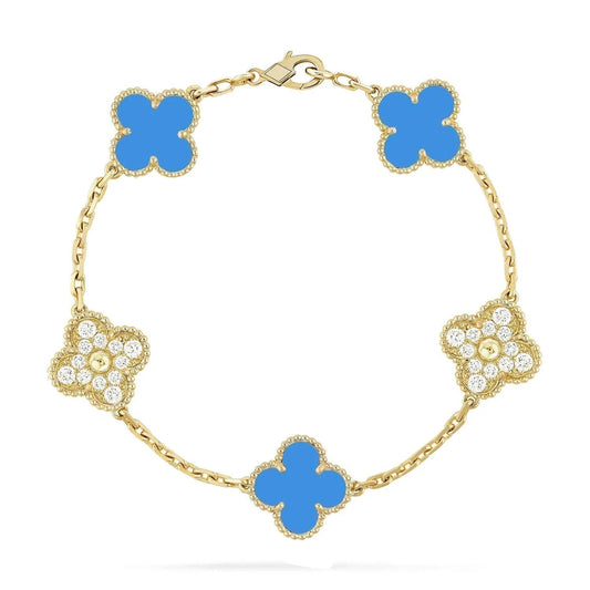 Pomuse CLOVER 5 MOTIF BLUE CHALCEDONY DIAMOND GOLD BRACELET