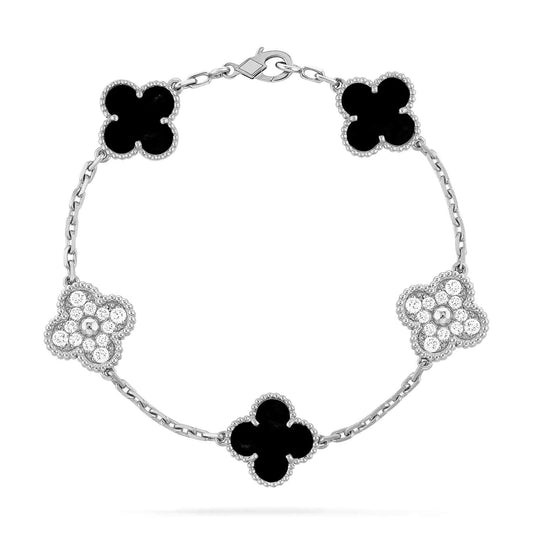 Pomuse CLOVER 5 MOTIF ONYXS DIAMOND BRACELET SILVER