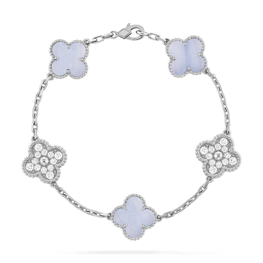 Pomuse CLOVER  5 MOTIF DIAMOND PURPLE CHALCEDONY BRACELET SILVER