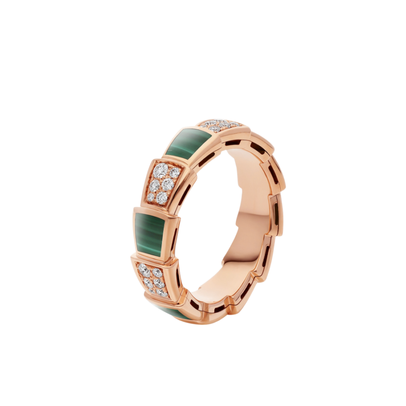 Pomuse SERPENTI RING PINK GOLD MALACHITE DIAMOND PAVED 4MM