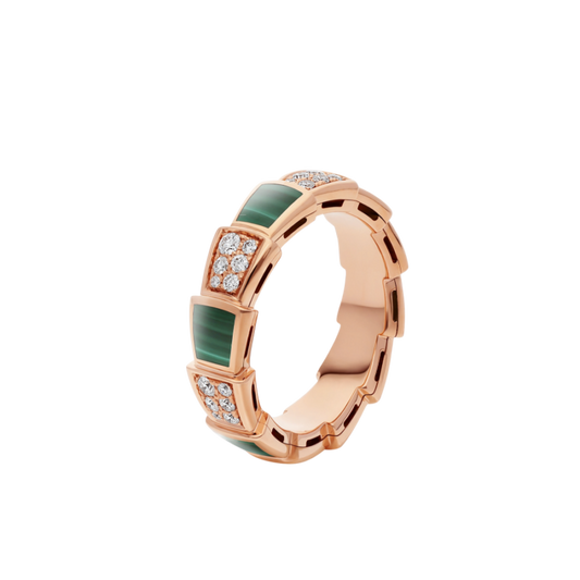 Pomuse SERPENTI RING PINK GOLD MALACHITE DIAMOND PAVED 4MM