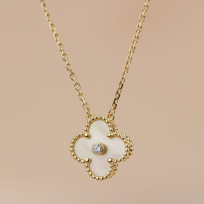 Pomuse CLOVER 15MM DIAMOND GOLD MOTHER OF PEARL NECKLACE