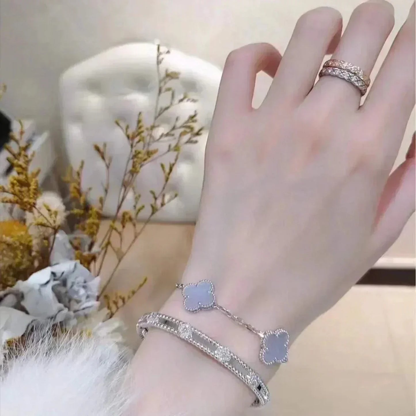 Pomuse CLOVER  5 MOTIF PURPLE CHALCEDONY BRACELET SILVER