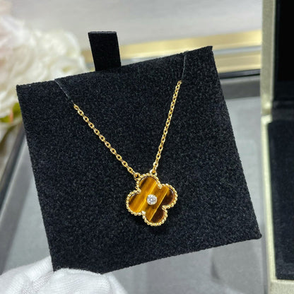 Pomuse CLOVER 15MM DIAMOND AND YELLOW TIGER'S EYE AGATE NECKLACE