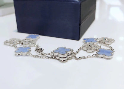 Pomuse CLOVER 10 MOTIFS CHALCEDONY DIAMONDS SILVER NECKLACE