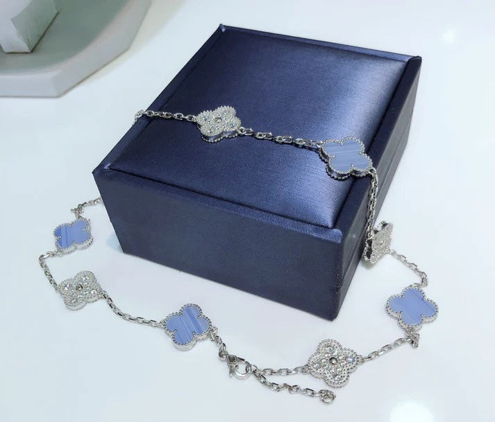 Pomuse CLOVER 10 MOTIFS CHALCEDONY DIAMONDS SILVER NECKLACE