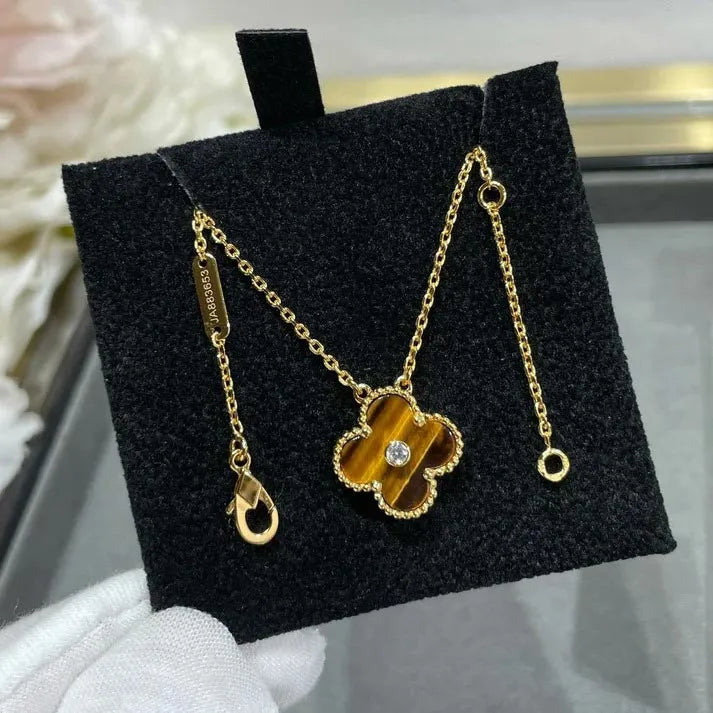 Pomuse CLOVER 15MM DIAMOND AND YELLOW TIGER'S EYE AGATE NECKLACE