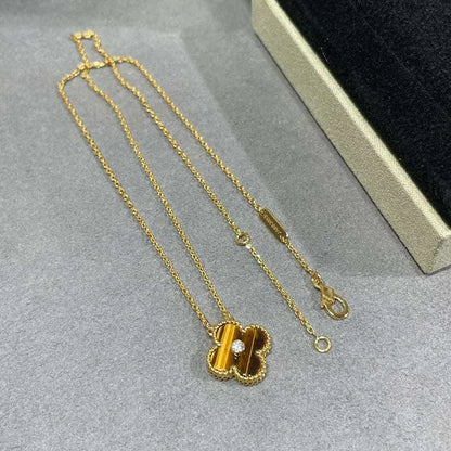 Pomuse CLOVER 15MM DIAMOND AND YELLOW TIGER'S EYE AGATE NECKLACE