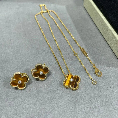 Pomuse CLOVER 15MM DIAMOND AND YELLOW TIGER'S EYE AGATE NECKLACE