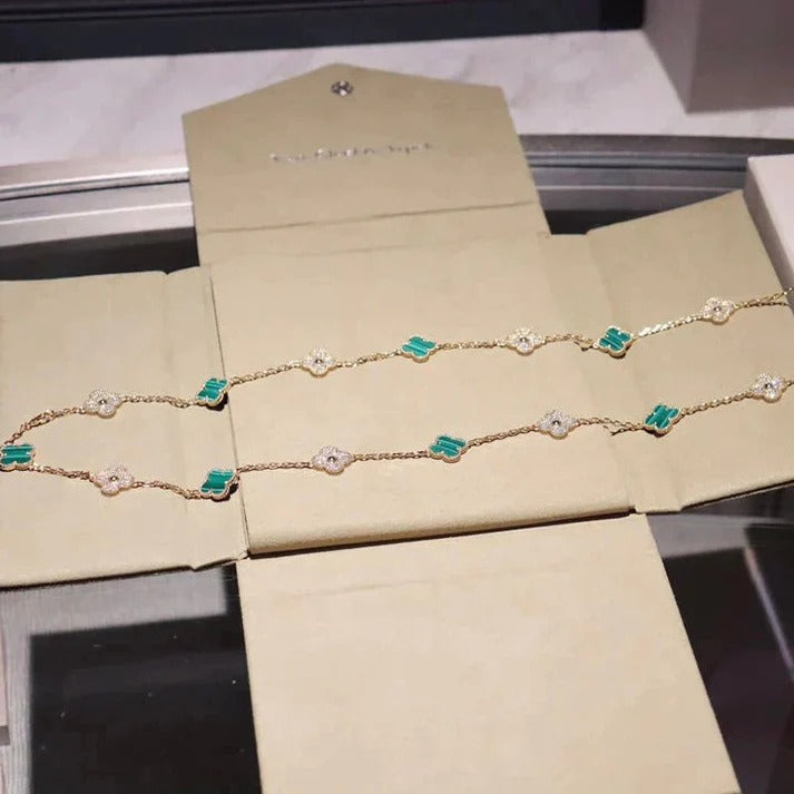 Pomuse CLOVER 20 MOTIFS MALACHITE DIAMOND NECKLACE