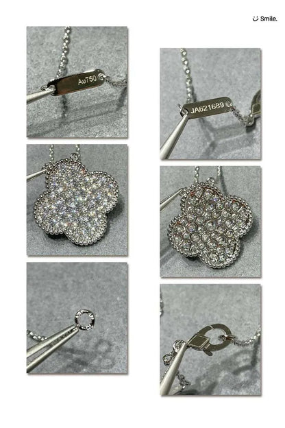 Pomuse CLOVER 25MM LARGE PENDANT DIAMOND PAVED SILVER NECKLACE