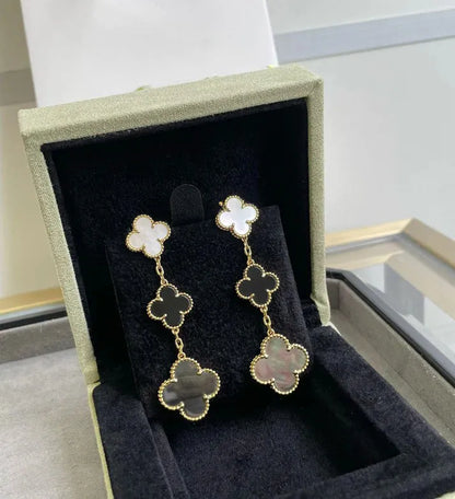 Pomuse CLOVER 3 MOTIF MOP ONYX DARK MOP PINK GOLD EARRINGS