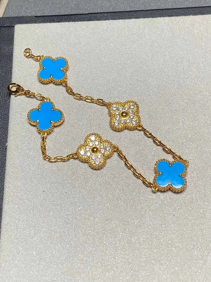 Pomuse CLOVER 5 MOTIF BLUE CHALCEDONY DIAMOND GOLD BRACELET