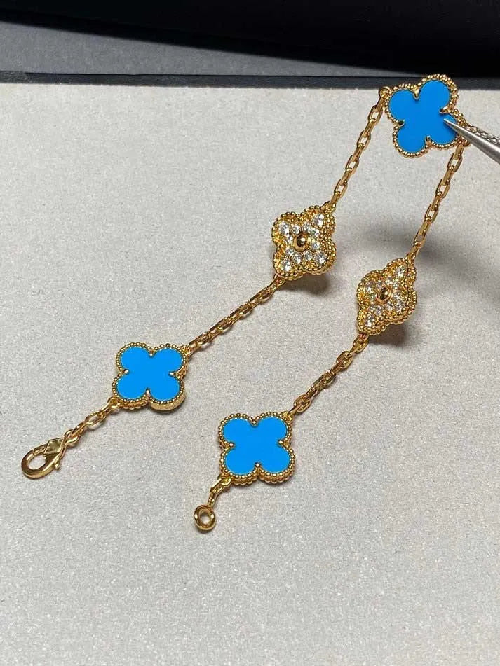 Pomuse CLOVER 5 MOTIF BLUE CHALCEDONY DIAMOND GOLD BRACELET