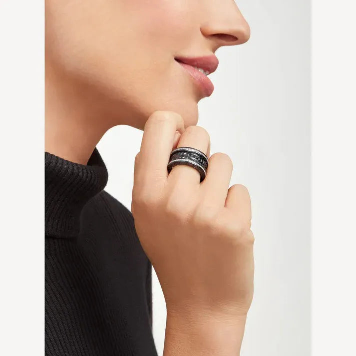 Pomuse ZERO 1 ROCK FOUR-BAND BLACK CERAMIC WITH STUDDED SPIRAL AND PAVED DIAMONDS RING
