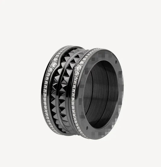 Pomuse ZERO 1 ROCK FOUR-BAND BLACK CERAMIC WITH STUDDED SPIRAL AND PAVED DIAMONDS RING