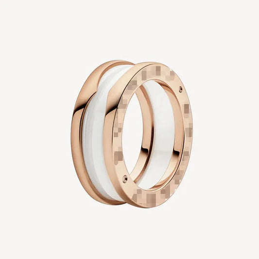 Pomuse ZERO 1 TWO-BAND LOOPS AND WHITE CERAMIC SPIRAL PINK GOLD RING