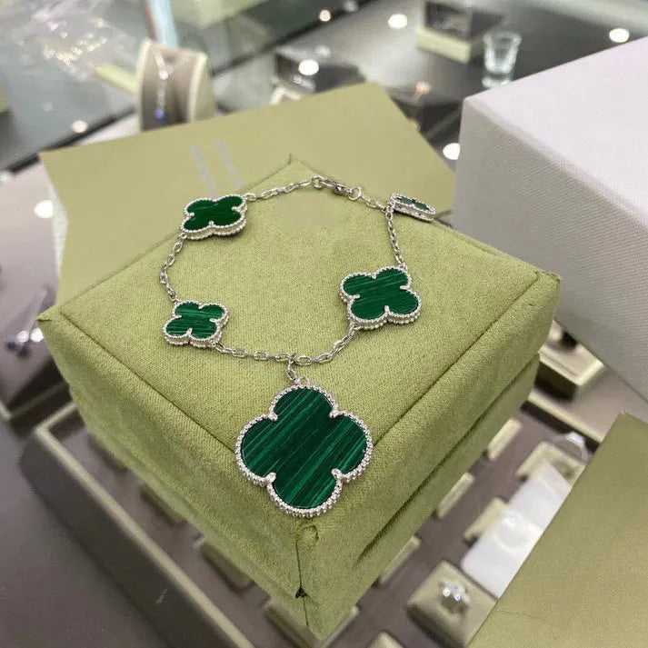 Pomuse CLOVER 5 MOTIFS SIVLER MALACHITE BRACELET