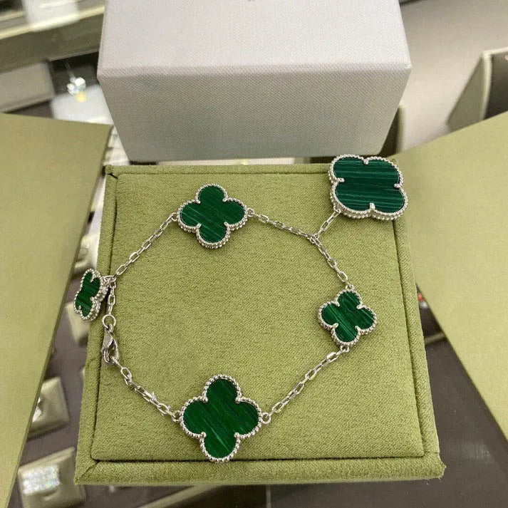 Pomuse CLOVER 5 MOTIFS SIVLER MALACHITE BRACELET