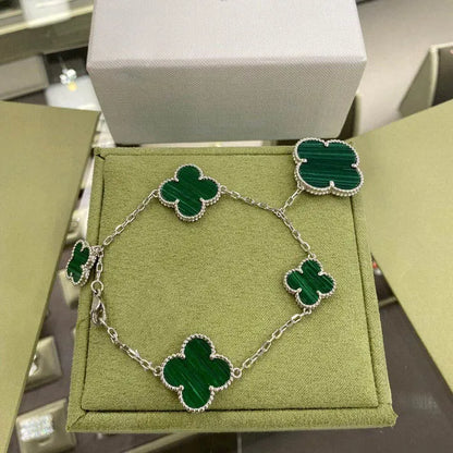 Pomuse CLOVER 5 MOTIFS SIVLER MALACHITE BRACELET