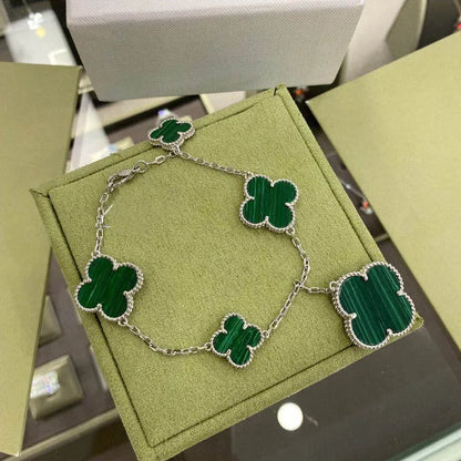 Pomuse CLOVER 5 MOTIFS SIVLER MALACHITE BRACELET