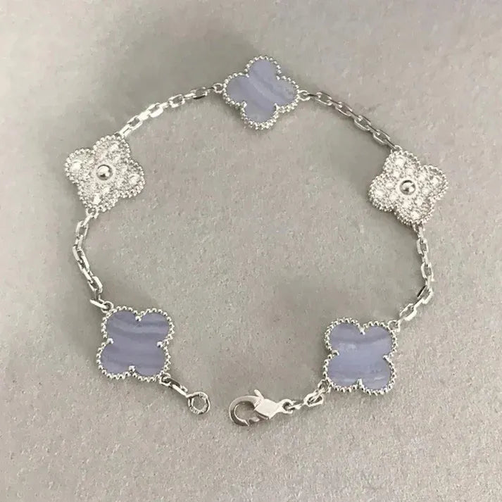 Pomuse CLOVER  5 MOTIF DIAMOND PURPLE CHALCEDONY BRACELET SILVER