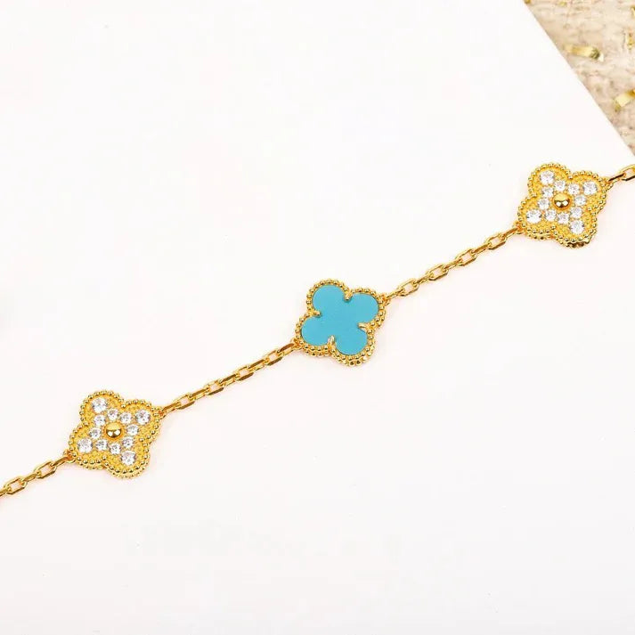 Pomuse CLOVER 5 MOTIF TURQUOISE DIAMOND GOLD BRACELET