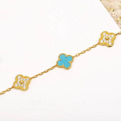 Pomuse CLOVER 5 MOTIF TURQUOISE DIAMOND GOLD BRACELET
