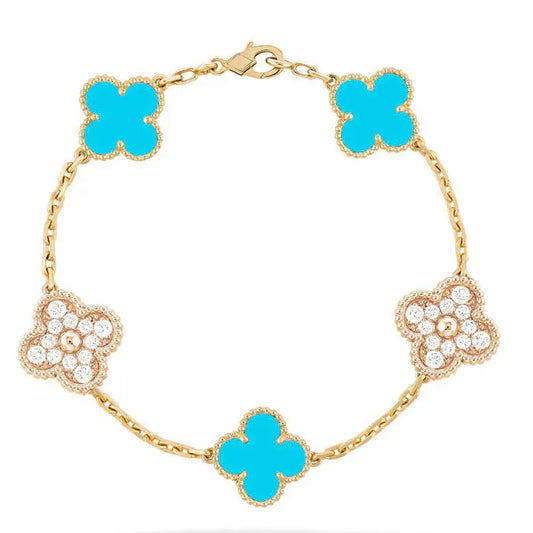 Pomuse CLOVER 5 MOTIF TURQUOISE DIAMOND GOLD BRACELET