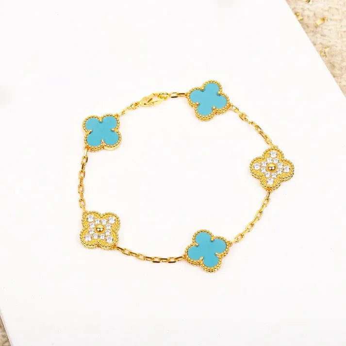 Pomuse CLOVER 5 MOTIF TURQUOISE DIAMOND GOLD BRACELET