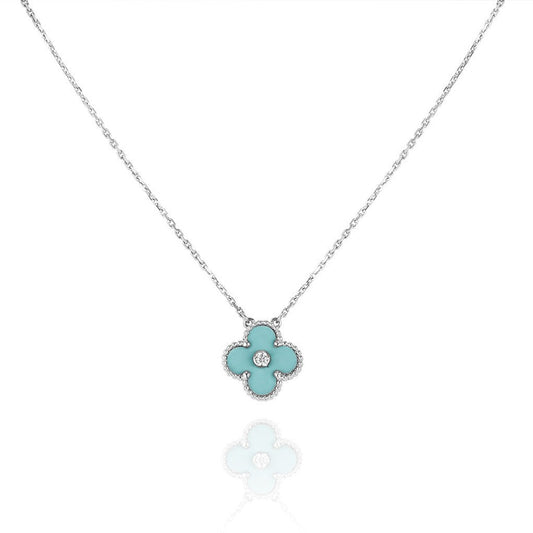 Pomuse CLOVER 1 DIAMOND LIGHT BLUE SILVER NECKLACE