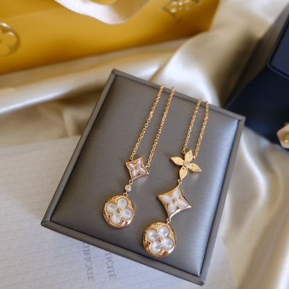 Pomuse COLOR BLOSSOM LARIAT NECKLACE PINK GOLD WHITE MOTHER PEARL AND DIAMOND