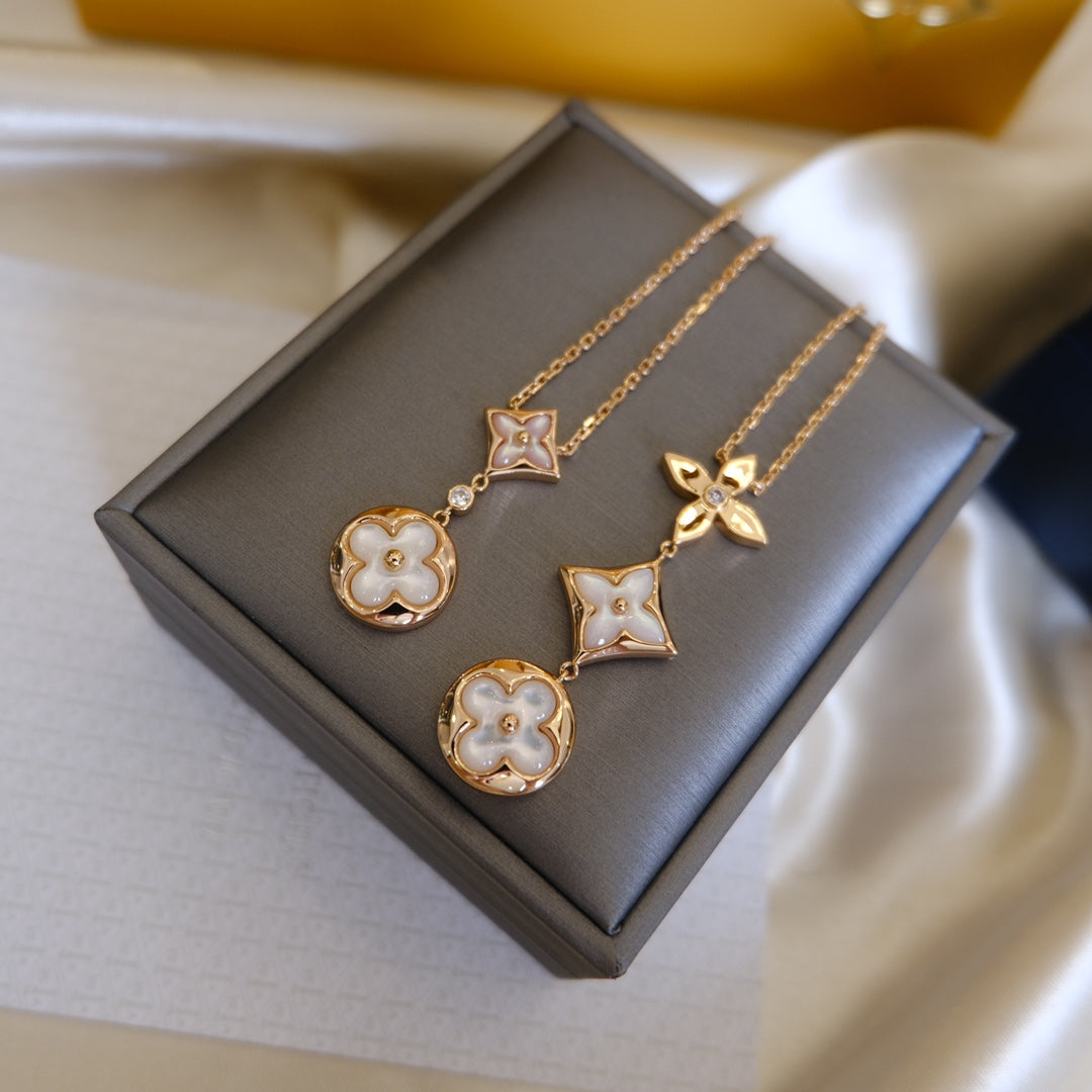 Pomuse COLOR BLOSSOM LARIAT NECKLACE PINK GOLD WHITE MOTHER PEARL AND DIAMOND