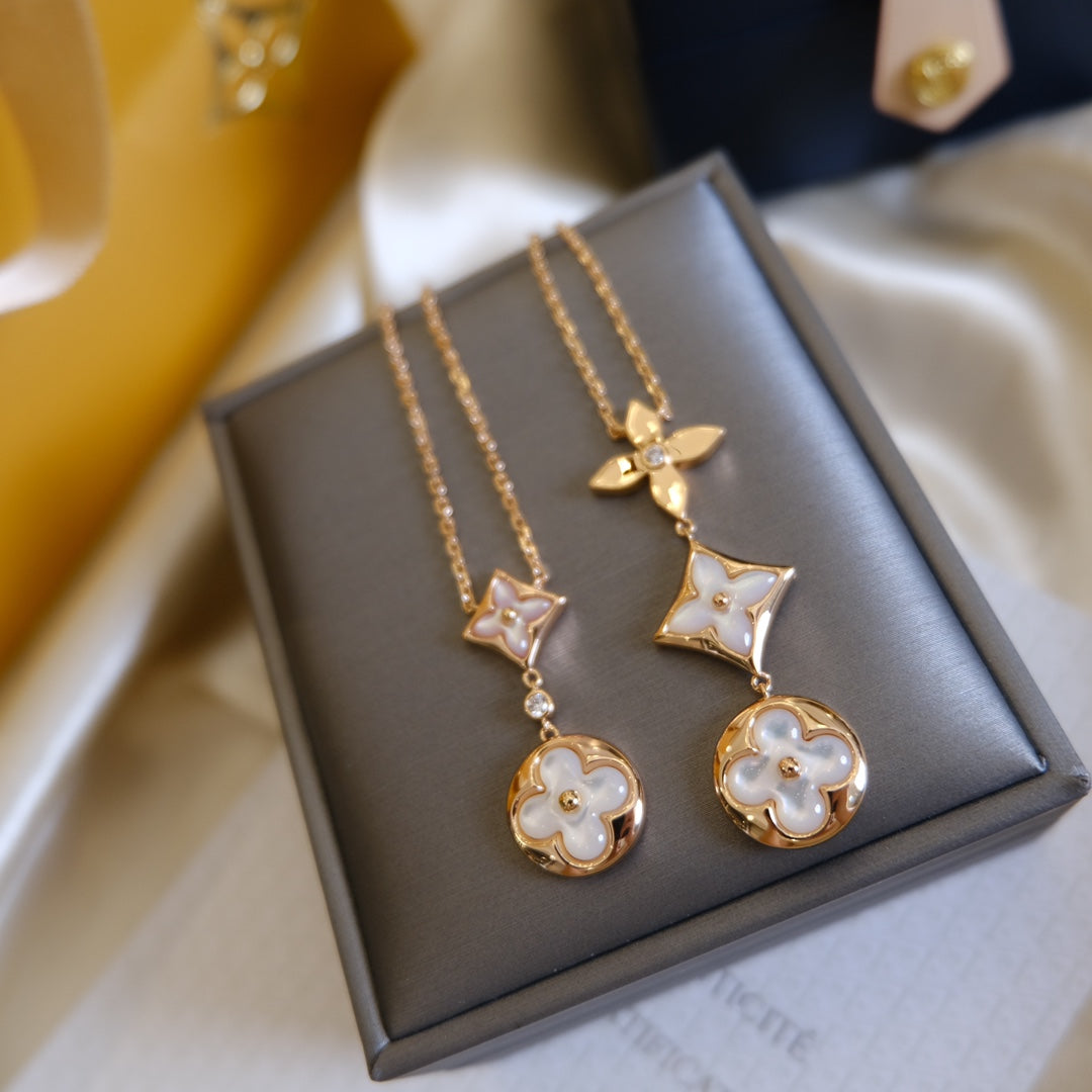 Pomuse COLOR BLOSSOM LARIAT NECKLACE PINK GOLD WHITE MOTHER PEARL AND DIAMOND