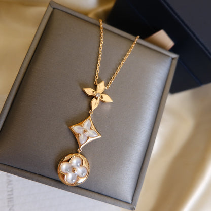 Pomuse COLOR BLOSSOM LARIAT NECKLACE PINK GOLD WHITE MOTHER PEARL AND DIAMOND