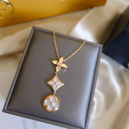 Pomuse COLOR BLOSSOM LARIAT NECKLACE PINK GOLD WHITE MOTHER PEARL AND DIAMOND