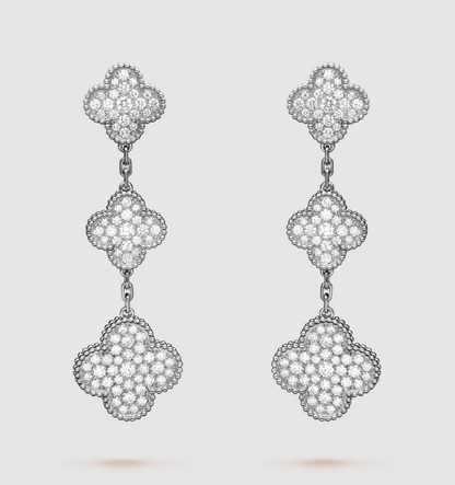 Pomuse CLOVER 3 MOTIF DIAMOND SILVER DROP EARRINGS