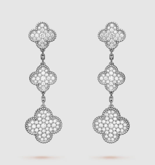 Pomuse CLOVER 3 MOTIF DIAMOND SILVER DROP EARRINGS