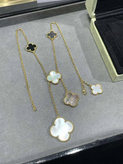 Pomuse CLOVER 6 MOTIF MOP ONYX GOLD NECKLACE