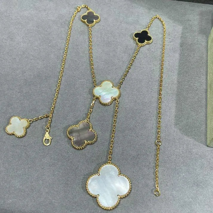 Pomuse CLOVER 6 MOTIF MOP ONYX GOLD NECKLACE