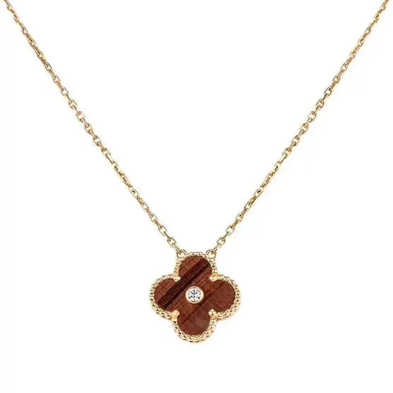 Pomuse CLOVER 15MM DIAMOND AND YELLOW TIGER'S EYE AGATE NECKLACE