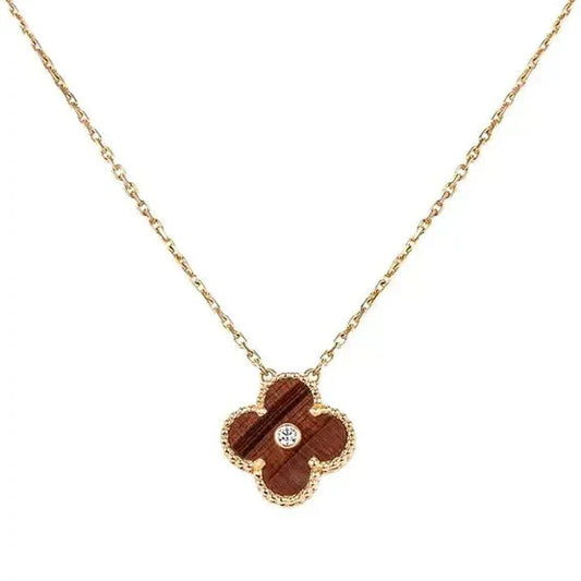 Pomuse CLOVER 15MM DIAMOND AND YELLOW TIGER'S EYE AGATE NECKLACE