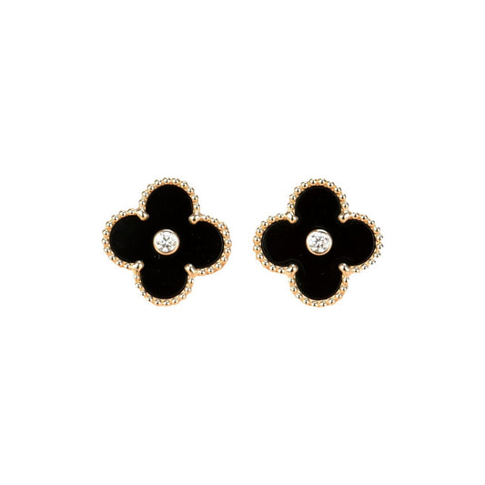 Pomuse CLOVER MEDIUM 1 MOTIFS ONYX DIAMOND EARRINGS