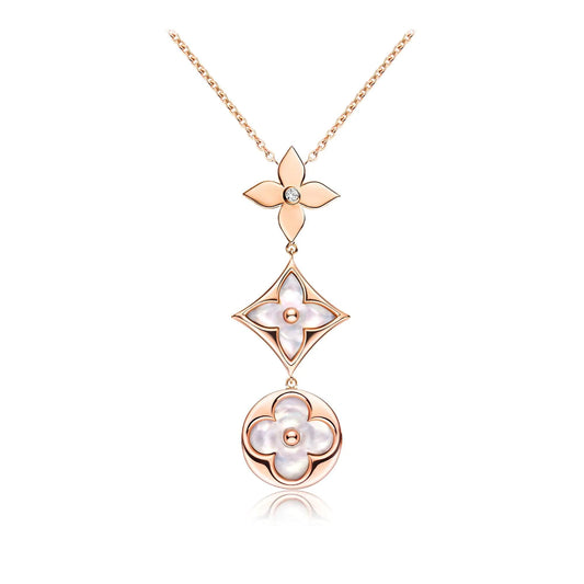 Pomuse COLOR BLOSSOM LARIAT NECKLACE PINK GOLD WHITE MOTHER PEARL AND DIAMOND