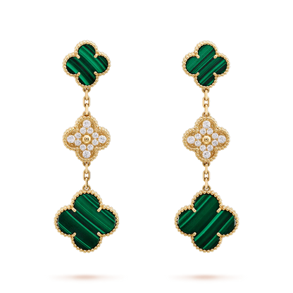 Pomuse CLOVER EARRINGS GOLD MALACHITE DIAMOND 3 MOTIF